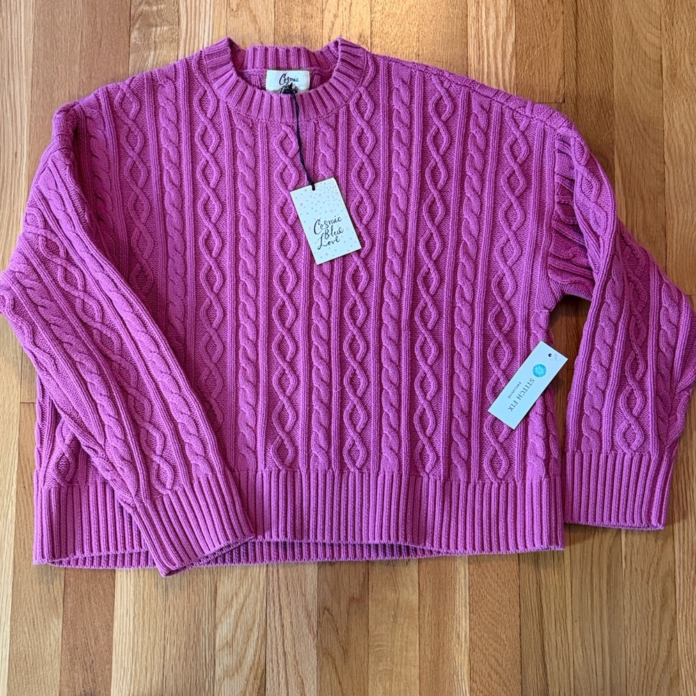Cosmic Blue Love Pink Cable Knit Sweater NWT!